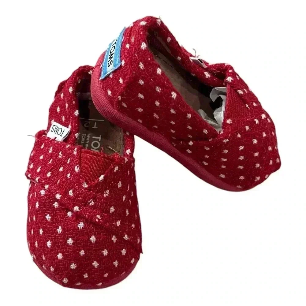 TOMS Baby Crib Shoes Red White Slip On Flats Infant size 2